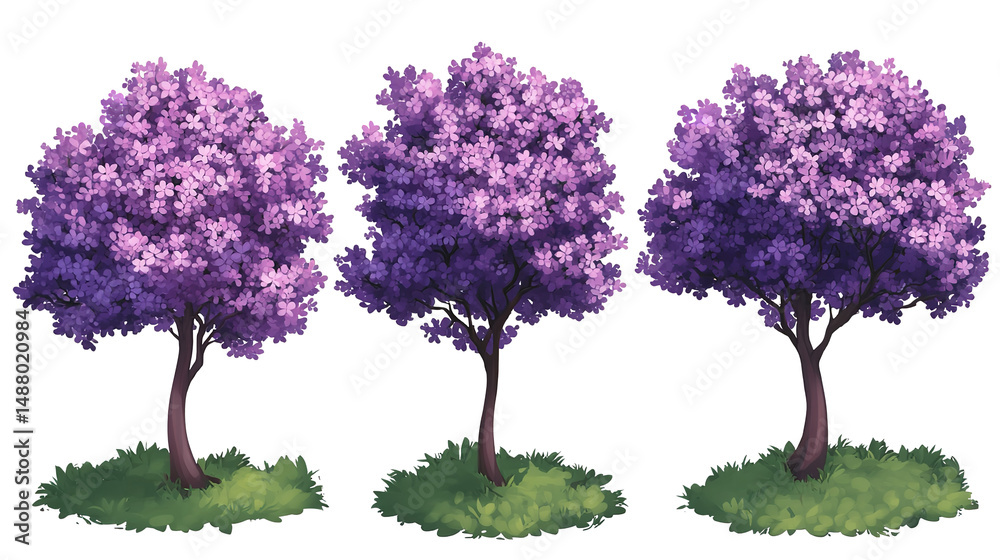Obraz premium Enchanting trio of purple blossoming trees in spring illustration a symbol of renewal and on transparent background