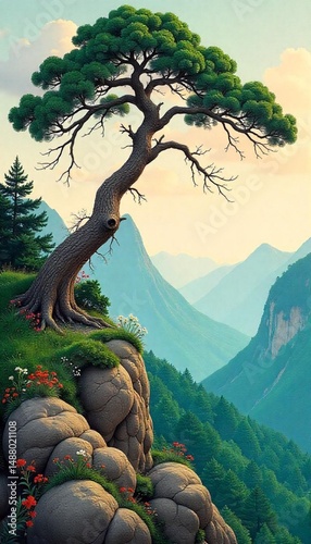 Tapety artystyczne mountain landscape with trees