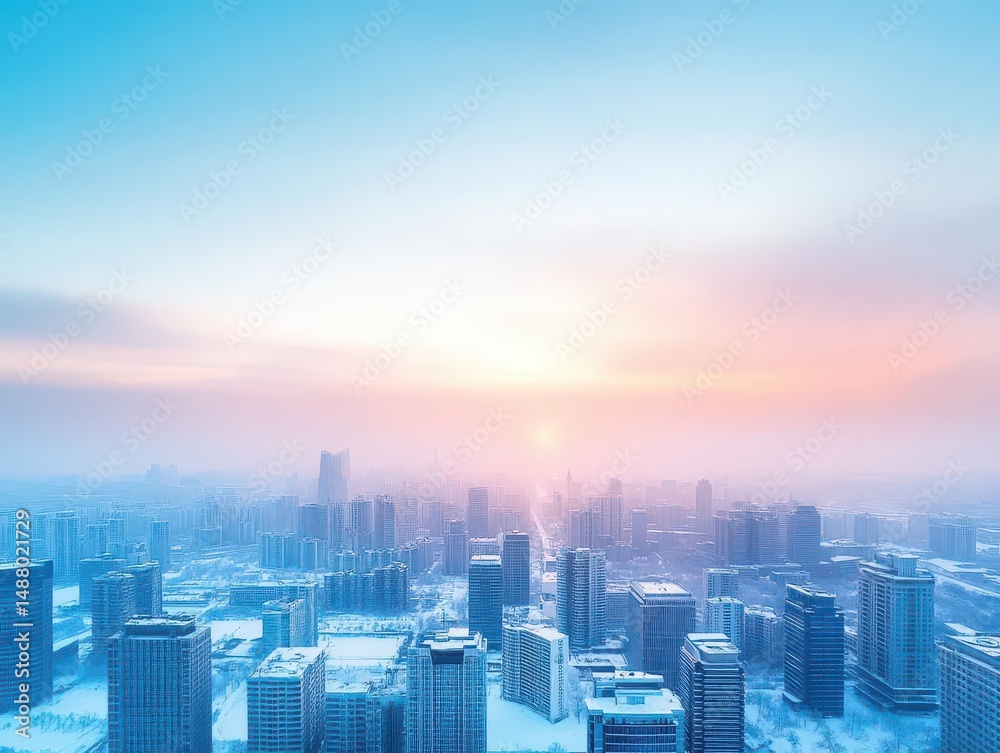 Fototapeta premium Snowy Urban Landscape Featuring Towering Skyscrapers Blanketed in Soft Snowflakes Creating a Peaceful and Serene Winter Atmosphere in City Life