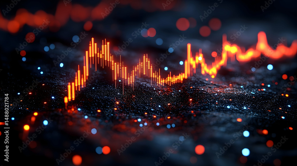 Fototapeta premium Glowing graph on dark abstract surface with bokeh highlights; red and blue hues