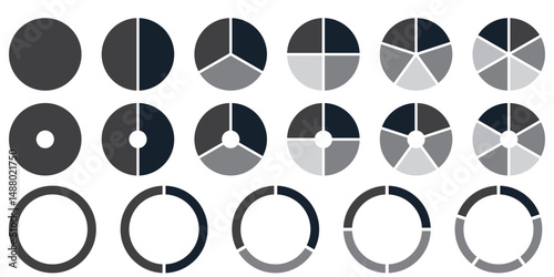 Circle division infographic icon set. Pie chart divided. Color pizza or donut round diagram. Infographic wheel segment and fraction. Vector illustration isolated on white background