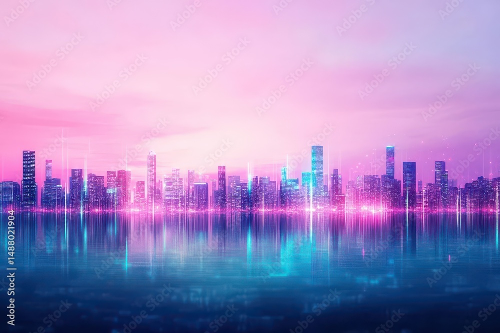 Fototapeta premium Vibrant City Skyline at Night Illuminated by Bright Lights Creating a Lively Urban Atmosphere with Skyscrapers and Starry Sky in the Background