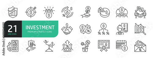 Set Of Investment Line Icons. Contains such icons as Business Strategy, Stock Market, Loan, Wealth, Financial Advisor, Currency Exchange, Financial Strategy, Savings, Credit Score, Capital, Banking, P