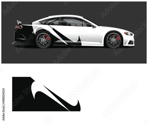 White Sports Coupe with Black and White Abstract Vinyl Wrap Design