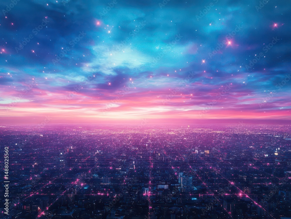 Fototapeta premium Enchanting Cityscape at Twilight with a Mesmerizing Pink Sky and Twinkling Stars Creating a Dreamy Urban Atmosphere Full of Wonder and Beauty