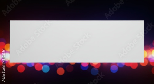 Horizontal white banner mockup lit by vibrant bokeh effect background. Realistic 3D render for creative template