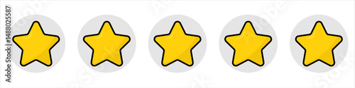 Five gold star rating. Satisfaction Rating and Leaving Positive Review. Online feedback reputation quality customer review. Review and rate us stars, business concept for apps and websites. Rate us