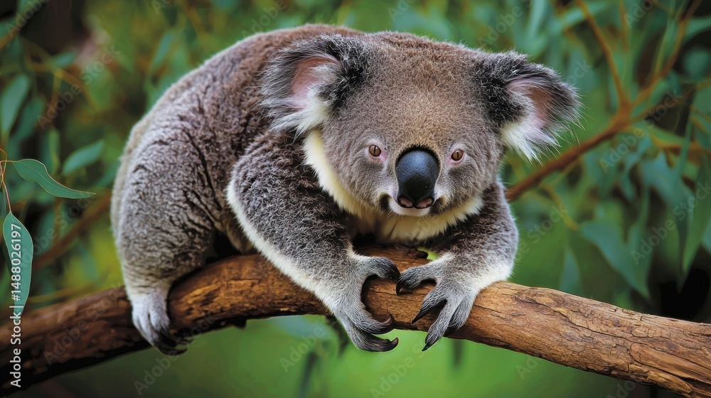 Naklejka premium Koala resting on a branch surrounded by lush green eucalyptus leaves in a serene natural setting