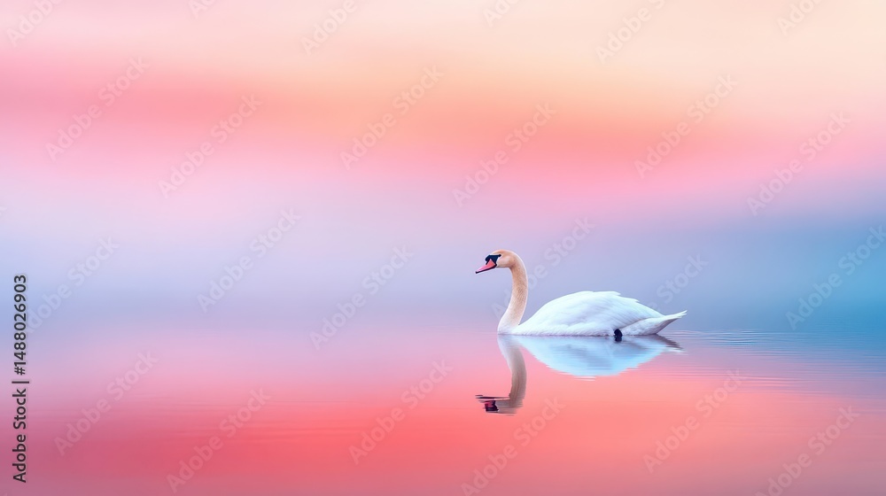Obraz premium Graceful Swan Gliding Across Serene Lake Waters Under Vibrant Pink and Blue Sky at Dusk Creating a Tranquil and Picturesque Natural Scene