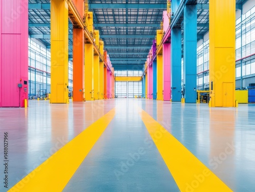 Vibrant Warehouse Interior Showcasing Colorful Painted Floors and Expansive Open Space with Natural Light Enhancing the Creative Atmosphere and Design Aesthetic