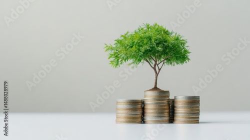 Small Vibrant Green Tree Growing on a Pile of Shiny Gold Coins Symbolizing Wealth Prosperity and Nature Coexisting in a Unique Visual Representation
