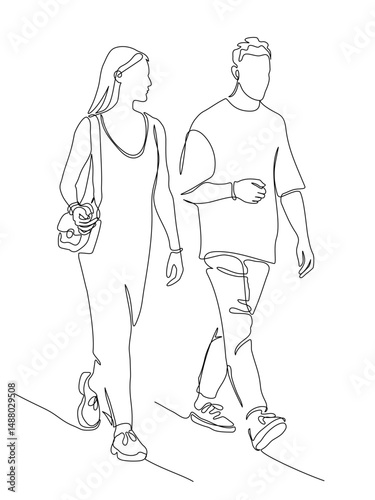Couple man and woman talking and walking. Front view. Continuous line drawing. Black and white vector illustration in line art style.
