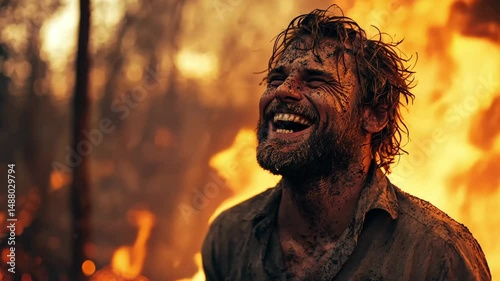 Actor joyfully expresses triumph amid dynamic wildfire backdrop during intense filming session