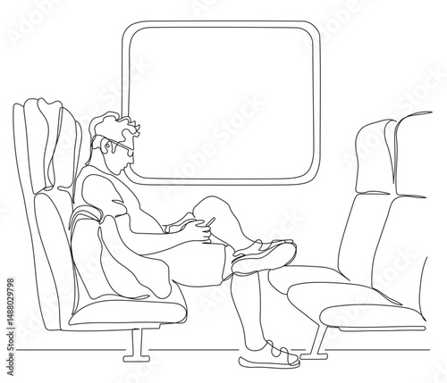 Man in train sitting and using phone. Side view. Linear drawing isolated on white background. Vector illustration in line art style.