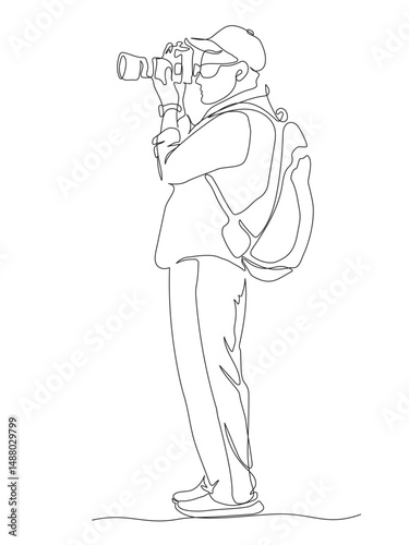 Man photographer in glasses with backpack taking picture with photo camera. Side view. Continuous line drawing. Black and white vector illustration in line art style.