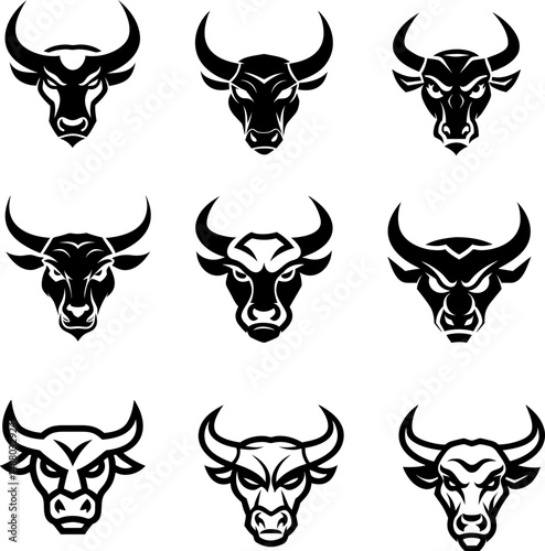  bull head icon set. Clean vector symbols of power and courage for finance or sport.