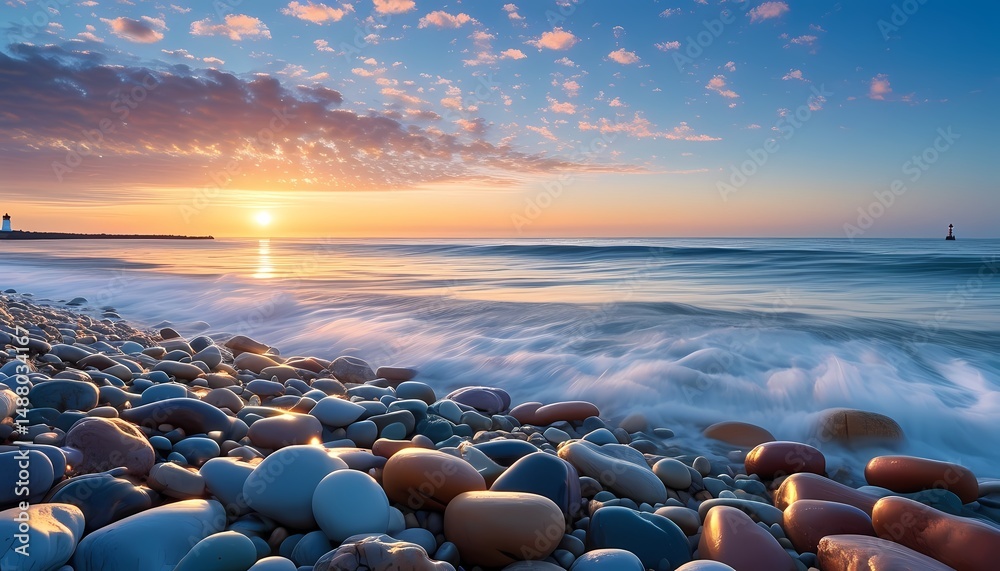 Obraz premium Serene sunset over pebbled shore coastal landscape scenic view tranquil environment nature's beauty