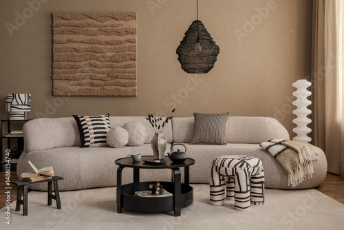 Contemporary neutral living room with a soft-textured sofa, black round coffee table, abstract wall art, and decorative pillows. Calm earthy color scheme.
