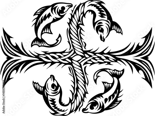 SVG vector of ocean biodiversity and vibrant marine life. Intricate Black and White Fish Pattern with Decorative Elements