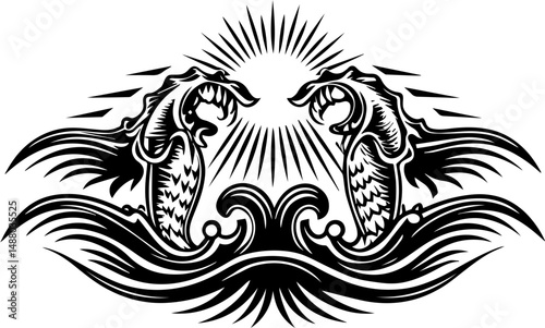 SVG vector of ocean biodiversity and vibrant marine life. Black and White Graphic of Fish with Sunburst and Waves Design