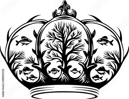 SVG vector of ocean biodiversity and vibrant marine life. Crown with Nature Elements and Fish vectors in Black and White