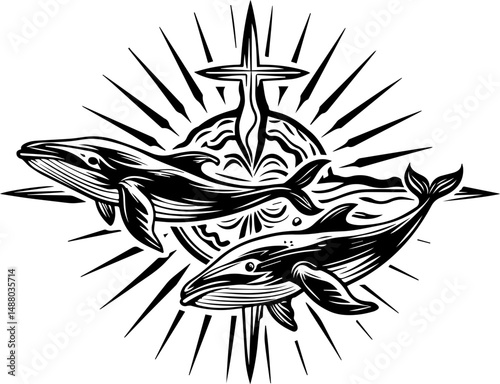 SVG vector of ocean biodiversity and vibrant marine life. Artistic black and white vector of two whales and a cross