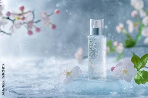 Natural spa beauty with pink flowers, water drops on glass, and aroma oil bottle evokes wellness