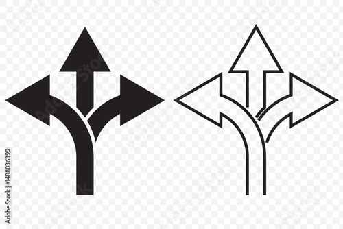 Three way icon isolated Road arrow Stencil vector stock illustration on Transparent Background. EPS 10.