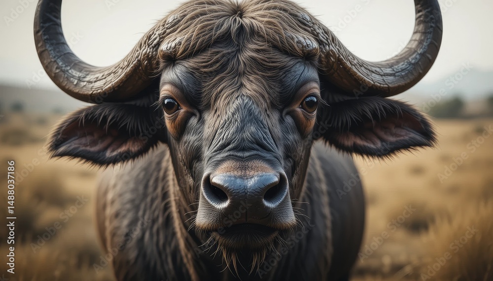 Naklejka premium Majestic african buffalo grazing in savanna wildlife photography natural habitat close-up view