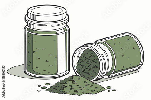 136 photograph of two glass jars filled with green powder, photo-realistic, high resolution, detailed, studio lighting, white background