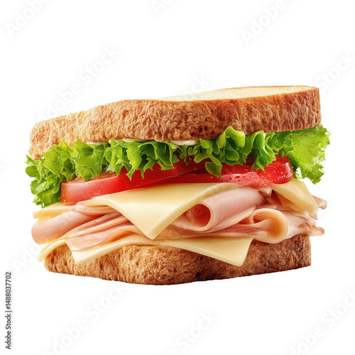 Fresh turkey sandwich with lettuce, tomato, and cheese on whole wheat bread, isolated on a white background