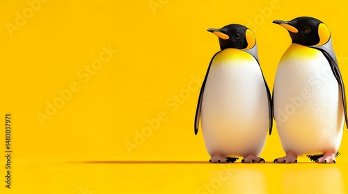Two Penguins Standing on Yellow Background