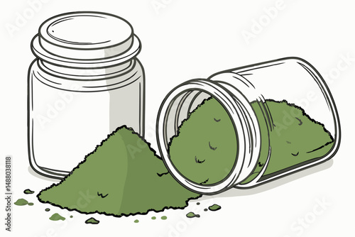 136 photograph of two glass jars filled with green powder, photo-realistic, high resolution, detailed, studio lighting, white background