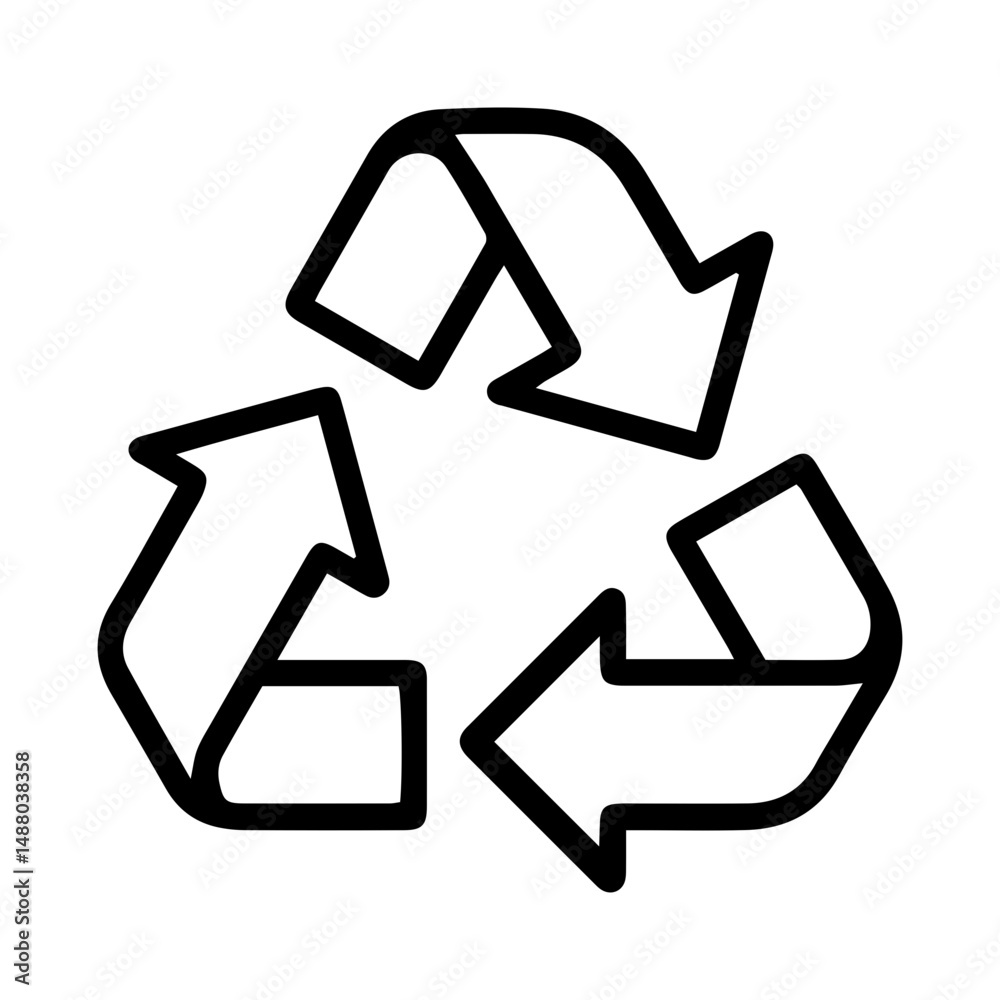 Recycling symbol (outline style). Three chasing arrows forming a triangle symbolize recycling, sustainability, or environmental conservation. Represents the process of reusing materials, waste reduce