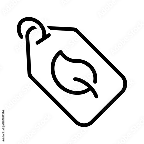 Eco-friendly tag (outline style). A tag with a leaf symbol on it, hanging from a loop, symbolizes organic products, sustainable practices, or environmentally friendly options. Items that are natural