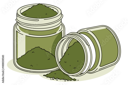 136 photograph of two glass jars filled with green powder, photo-realistic, high resolution, detailed, studio lighting, white background