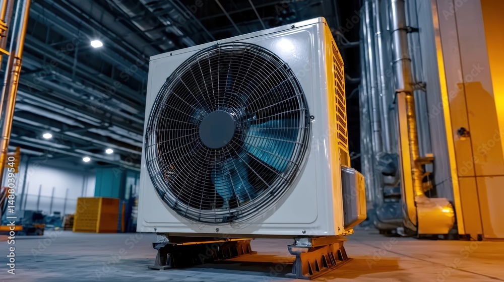 Obraz premium Industrial air conditioning unit positioned in a spacious warehouse with machinery in background