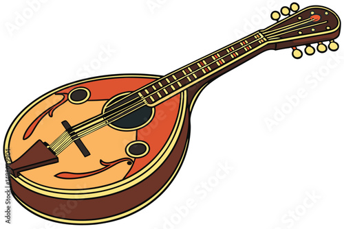 137 a detailed, photorealistic digital illustration of a beautiful vintage-style mandolin, with a warm, glowing sunset gradient coloring and intricate wood grain textures, highly detailed, vibrant col
