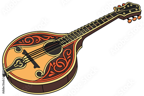 137 a detailed, photorealistic digital illustration of a beautiful vintage-style mandolin, with a warm, glowing sunset gradient coloring and intricate wood grain textures, highly detailed, vibrant col