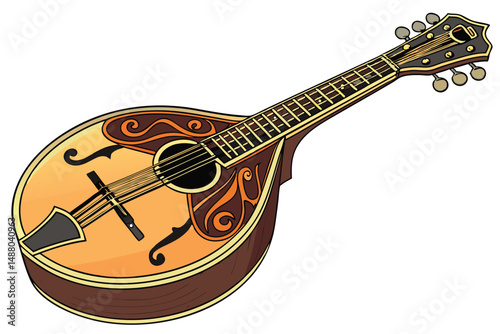 137 a detailed, photorealistic digital illustration of a beautiful vintage-style mandolin, with a warm, glowing sunset gradient coloring and intricate wood grain textures, highly detailed, vibrant col