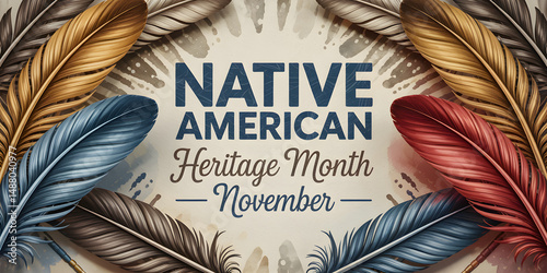Modern Native American Heritage Month Banner with Geometric Tribal Pattern and Bold Text

