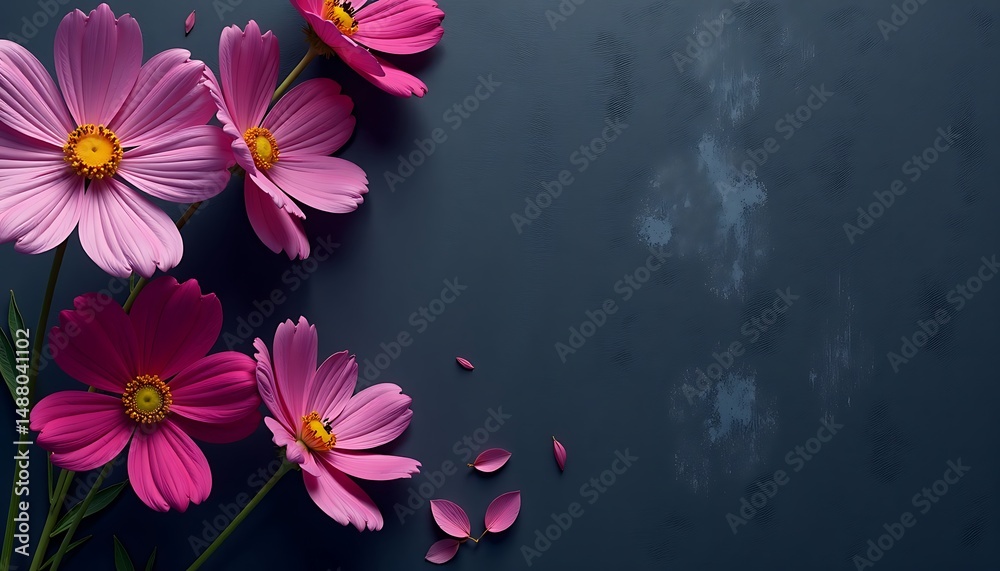 Obraz premium Pink Cosmos Flowers on Dark Blue Surface with Texture and Scattered Petals, Corner Arrangement and Ample Copy Space. 