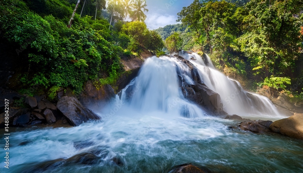 Fototapeta premium slow motion rushing waterfall in the mountains with tropical forest beautiful nature background