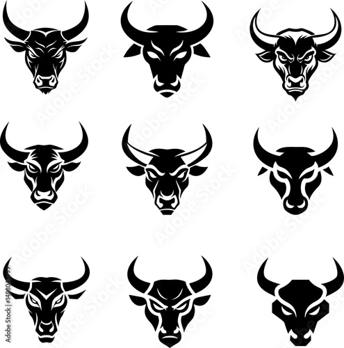 bull head vector set. Minimal black design for logos, emblems, and brand visuals.