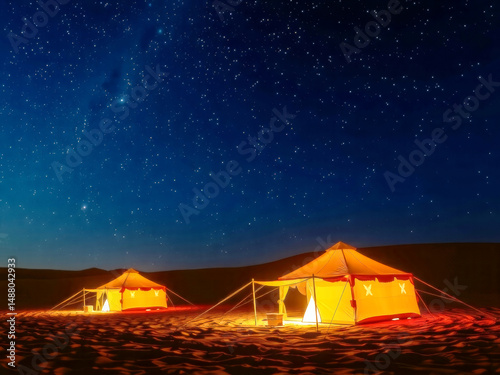 Two tents are set up in a desert at night. The tents are orange and are lit up by the stars