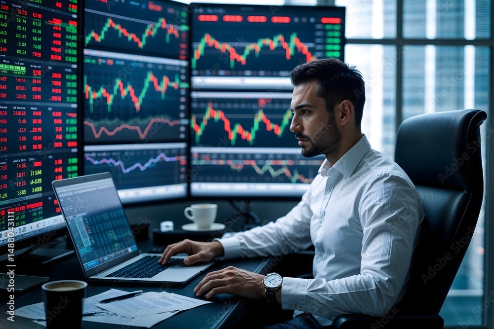 Fototapeta premium A male stock trader is sitting at a computer