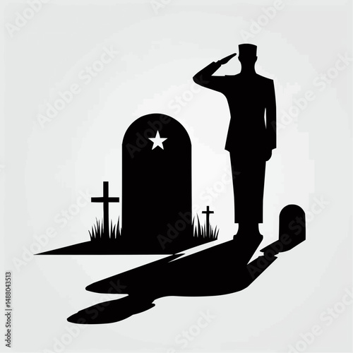 Soldier saluting at grave, honoring sacrifice and memory, powerful silhouette artwork
