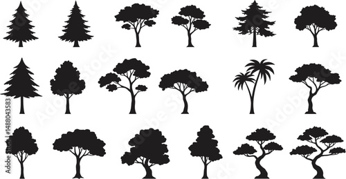  Flat Vector Tree Silhouettes of Global Flora in Clean, Bold Lines with Simplified, Recognizable Outer Tree Contours