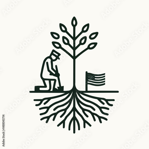 Veteran planting a tree with roots, symbolizing growth and honor, eco-friendly illustration style