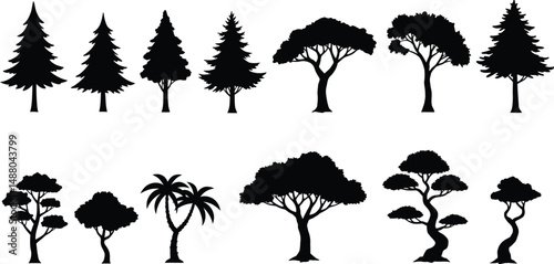 Iconic Tree Shapes Vector Silhouettes Created with Clean Lines and Stylized Forms, Ready for Logos and Mobile Icons